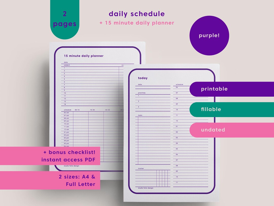 Purple Daily Planner Template: Printable Fillable Schedule - A4 - Full ...