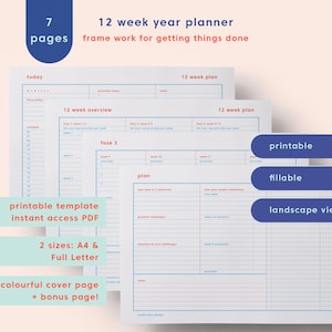 Planificador anual de 12 semanas / Plan de establecimiento de objetivos imprimible / Plan de objetivos de 90 días / Planificador de productividad / Sin fecha / PDF descargable / Carta completa / A4
