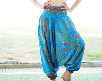 Blue Peacock Eyes Harem Pants & Jumpsuit Hippie pants  Baggy stretchy pants  Printed Yoga Pants Boho Bohemian Yoga Pants Unisex E6025