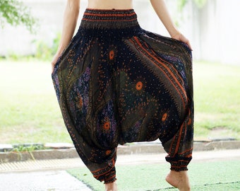 Black Peacock Eyes Harem Pants & Jumpsuit Hippie pants  Baggy stretchy pants  Printed Yoga Pants Boho Bohemian Yoga Pants Unisex E6019