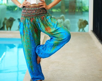 Blue Peacock Feather Rayon Harem Pants: Boho Yoga Trousers