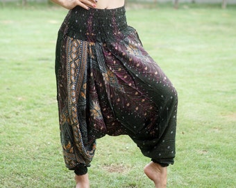 Olive Green Peacock Feathers Harem Pants  Bohemian Pants Hippie pants  Baggy Stretchy  trousers Yoga Pants Boho Yoga Pants Unisex PT6020