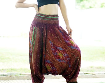 Peacock Eyes Harem Pants & Jumpsuit Hippie pants  Baggy stretchy pants  Printed Yoga Pants Boho Bohemian Yoga Pants Unisex in Rosewood E6026