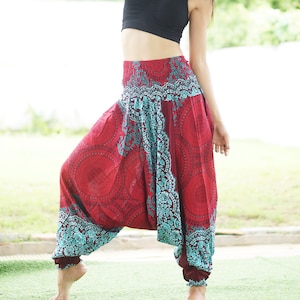 Red Floral Mandalas Jumpsuit & Harem Pants Hippie pants  Baggy stretchy pants Flower Printed Yoga Pants Boho Pants Unisex FM5021