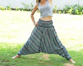Pantalones y mono harén con rayas de color melocotón verde para mujer, pantalones holgados con cintura elástica estilo bohemio hippie, pantalones de yoga bohemios unisex