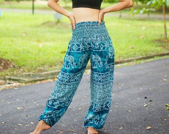 Blue Marble Elephant Aladdin Women Pants Bohemian Hippie pants  Baggy Stretchy trousers Yoga Dance Pants Boho Yoga Pants M811