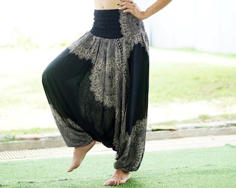 Black Floral Mandala Harem Pants: Rayon Boho Yoga Jumpsuit