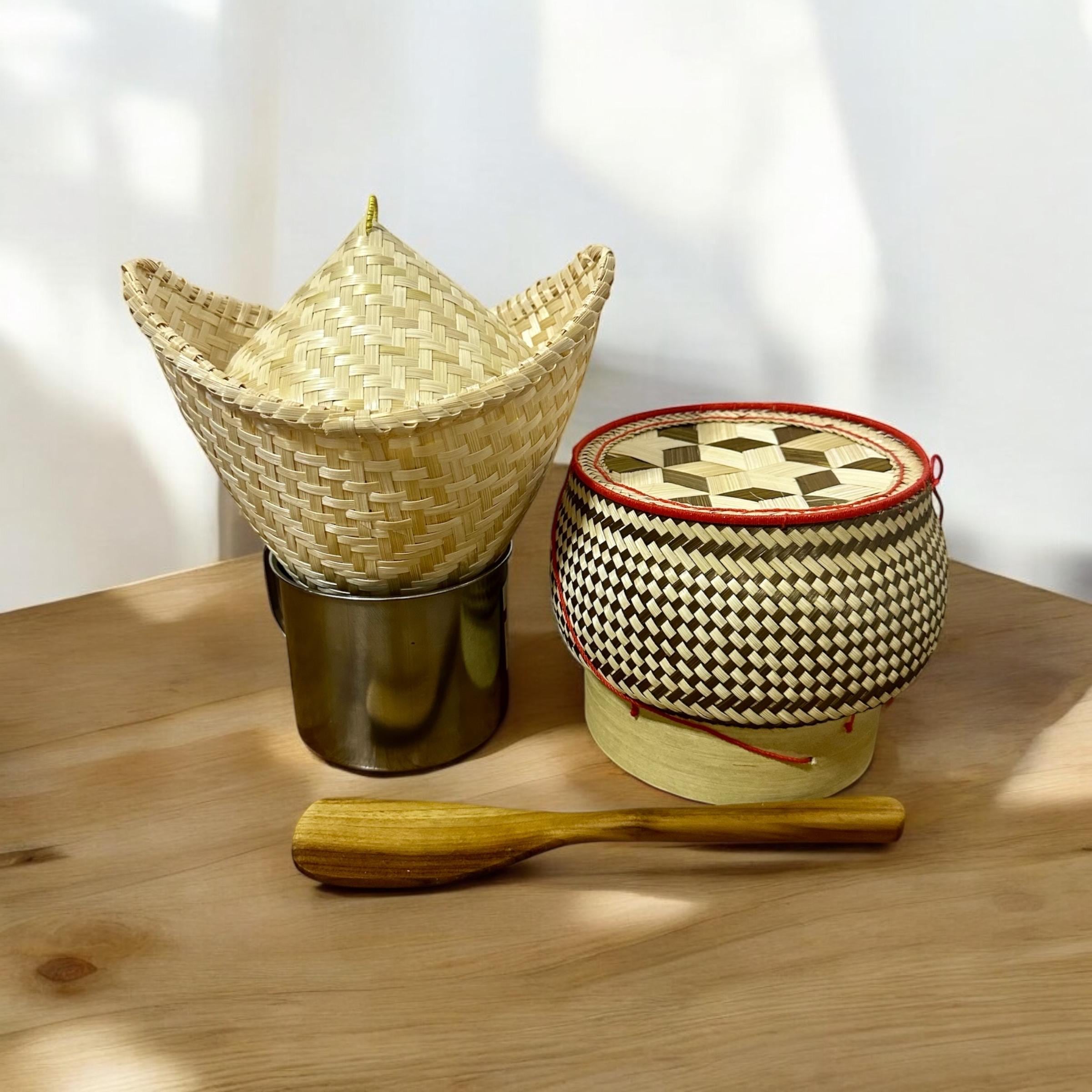 Olla de bambú para cocinar arroz glutinoso tradicional tailandés, bento para acampar, juego de vaporera de arroz glutinoso tailandés, recipiente de bambú Vingtage K2