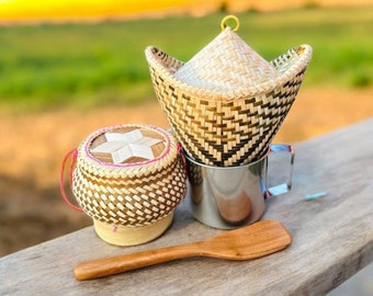 Thai Sticky Rice basket steaming pot set Handmade Set Bamboo Traditional Thai Lao rice cooker Food Container Sticky Suitable for 2 people K1