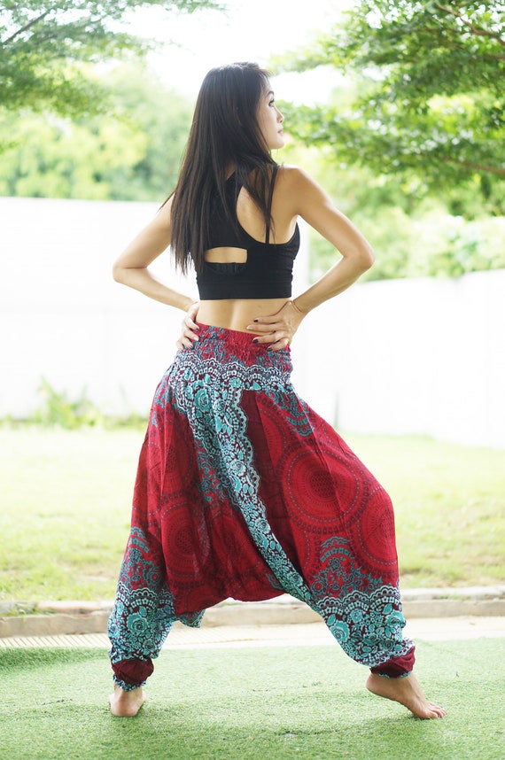 Red Floral Mandala Harem Pants: Rayon Boho Yoga Pants Israel