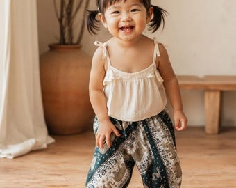 Pantalones harem para bebé: estampado de elefante azul, pantalones bohemios para niños pequeños (2-3 años)