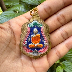 LP Ruay Thai Amulet: Gold Plated Monk Pendant for Protection