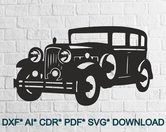 May include: Black and white silhouette of a vintage car. The car has a rounded body style with a large, rounded bonnet and a small, rounded windscreen. The car has four wheels and a spare tyre on the back.