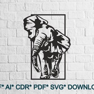 May include: Black and white silhouette of an elephant's head and body, facing the right side of the image. The elephant is standing within a rectangular frame.