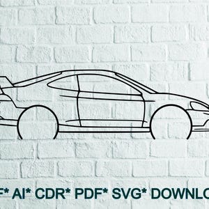 Puede incluir: Un dibujo lineal negro de un coche deportivo coupé sobre un fondo de pared de ladrillo blanco. El coche tiene un alerón y se ve de lado. El texto "DXF* AI* CDR* PDF* SVG* DOWNLOAD" está en la parte inferior.
