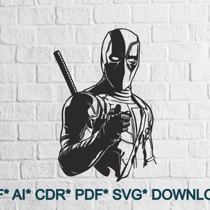 Könnte beinhalten: Schwarz-weiße Silhouette von Deadpool, einem Superhelden-Charakter, mit einem Katana-Schwert. Er zeigt mit seiner rechten Hand auf den Betrachter.