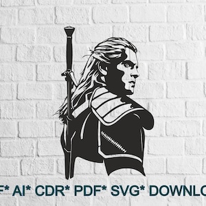 May include: Black and white silhouette of a man with long hair, wearing armor and holding a sword. The image is against a white brick wall background.