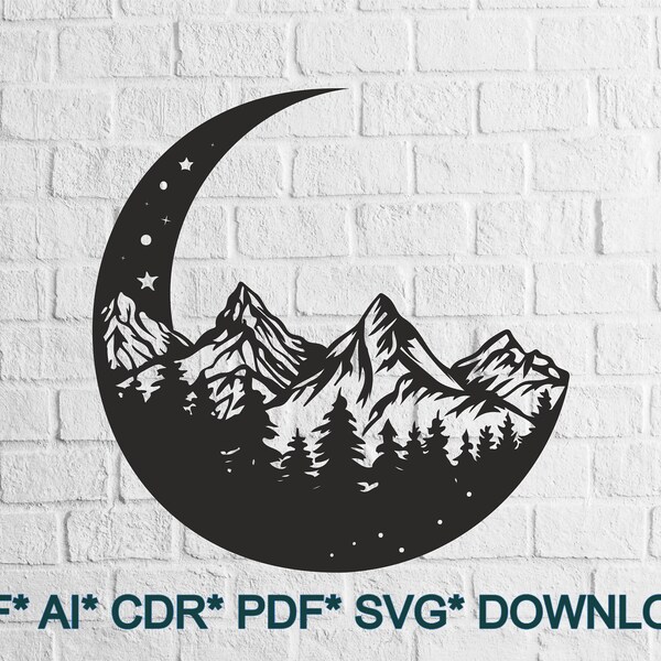 Moon - SVG/DXF - moon svg\dxf - Digital Download (Dxf, Svg, Pdf, Cdr, Ai) - Laser CNC Plasma Waterjet - mountain dxf\svg