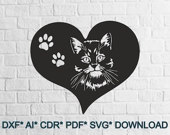 Cat SVG DXF, Animals cut file laser, dxf for plasma, Sweet cnc wood wall decor, svg for Cricut, Silhouette dxf, papercut template
