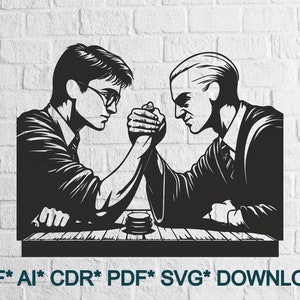 May include: Black and white illustration of two men arm wrestling, set against a white brick wall. One man wears glasses and a suit, the other a suit. A small stack of coins sits on the table. Text at the bottom reads: DXF* AI* CDR* PDF* SVG* DOWNLOAD.