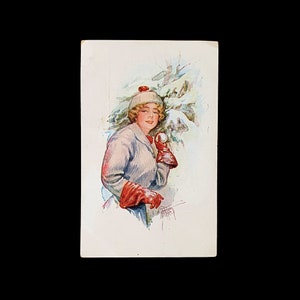 Carte postale Art déco vintage des années 1920, signée par l'artiste, barbier de la cour,La femme en robe blanche et chapeau rouge et blanc,La femme aux gants rouges