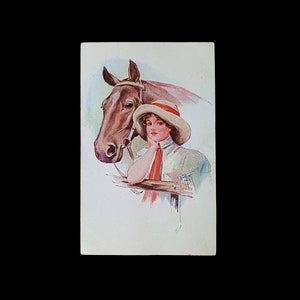 1920s Vintage Art Deco Postcard,Elegant Glamour,Signed by Artist, Court Barber, Horse,Woman in Red And White Hat,Unused Collectible,Clothes,