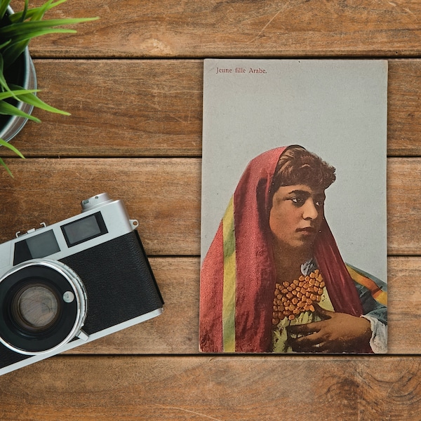 Young Arab woman in traditional dress, Vintage Postcard ca 1900, Middle East Photo, Oriental decor, Old Postcard Egypt, Arab Ethnic Art,