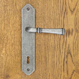 Peut inclure: Une poignée de porte en métal argenté avec une plaque rectangulaire aux extrémités pointues. La poignée présente un levier horizontal avec des détails nervurés. Deux vis apparentes fixent la plaque, qui comprend une entrée de clé standard.