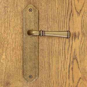 Peut inclure: Une poignée de porte en métal couleur laiton avec une plaque arrière rectangulaire longue aux extrémités pointues et un levier horizontal. La quincaillerie présente une finition antique patinée et est fixée par deux vis à tête plate.