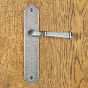 Könnte beinhalten: Ein silberfarbener Türgriff aus Metall mit einer langen, rechteckigen Grundplatte mit spitzen Enden und einem horizontalen Hebel. Der Beschlag hat eine gebürstete, verwitterte Oberfläche und ist mit zwei sichtbaren Schrauben befestigt.