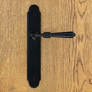 Peut inclure: Une poignée de porte noire mate composée d'une longue plaque rectangulaire aux extrémités arrondies avec deux trous de vis visibles. La poignée horizontale présente un design lisse et effilé avec trois anneaux décoratifs à la base.