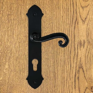 Peut inclure: Une poignée de porte noire mate composée d'une longue plaque arrière rectangulaire verticale aux extrémités pointues et d'un levier incurvé à embout en spirale. La plaque comporte une serrure centrale et deux trous de vis visibles.