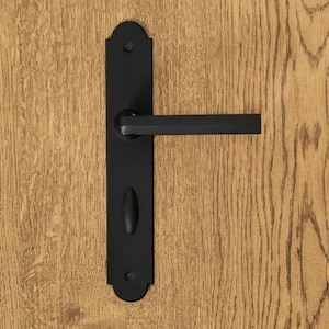 Peut inclure: Une poignée de porte noire mate avec une longue plaque rectangulaire aux extrémités arrondies. La poignée est horizontale et droite, tandis que la plaque comporte un cache-serrure ovale central et deux vis visibles en haut et en bas.
