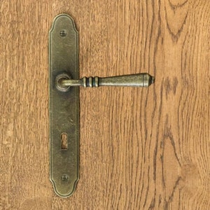 Könnte beinhalten: Ein Türgriff aus Messing mit einem Schlüsselloch und einem dekorativen Design. Der Griff ist an einer Holztür montiert.