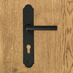 Peut inclure: Une poignée de porte noire mate composée d'une longue plaque rectangulaire aux extrémités arrondies et d'un levier horizontal. La plaque comporte une ouverture pour serrure à cylindre et est fixée par deux vis visibles en haut et en bas.