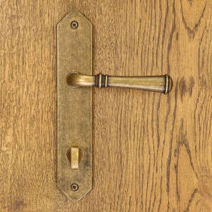 Peut inclure: Une poignée de porte rectangulaire en laiton avec une finition patinée, comprenant un levier horizontal, un verrou à bouton tournant et deux vis de fixation visibles en haut et en bas, fixée sur une plaque verticale aux extrémités pointues.