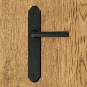 Peut inclure: Une poignée de porte noire mate composée d'une longue plaque rectangulaire aux extrémités arrondies et d'un levier horizontal. La quincaillerie est fixée sur une surface en bois clair et comporte deux vis visibles en haut et en bas.