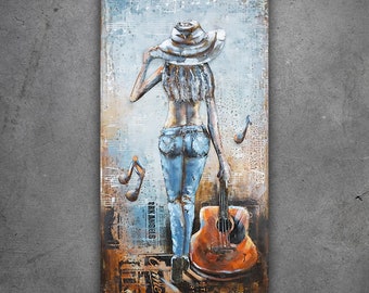 60x120cm 3D loft metal painting GIRL WITH GUITAR metal wall decoration, recycled bas-relief, 3D metal painting