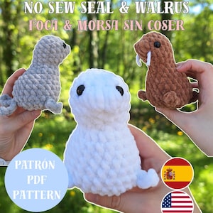 Puede incluir: Patrón de crochet de foca y morsa sin coser.  Instrucciones para hacer una foca gris y una morsa blanca de peluche.  El patrón está disponible en inglés y español.