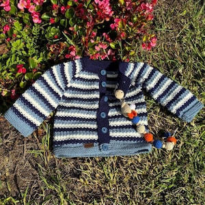 Hand Knitted Striped Blue Baby Cardigan, Acrilic Sweater, Soft & Cozy Baby Gift, First Birthday Gift, Baby Shower Gift Idea