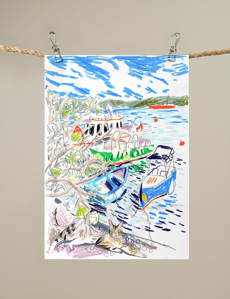 ISTANBUL CAT & BOATS Colored Pencil Giclée Wall Art Print image 4