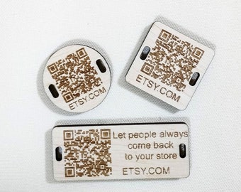 Personalized wooden tags for knitted and crocheted items, Tag with QR- code, Personalized wood labels, Custom store name tag
