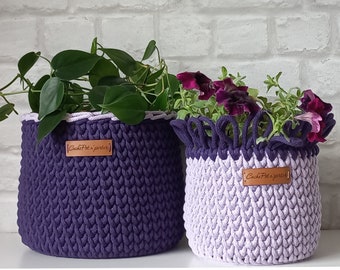 Crochet baskets Plant pot covers or Orchid planters, Vanity or Nursery basket, Colorful organizer bin for Housewarming gifts