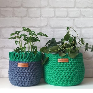May include: Two crocheted plant pots, one green and one blue, with green plants inside. The pots have a label that says "Crafted with love".