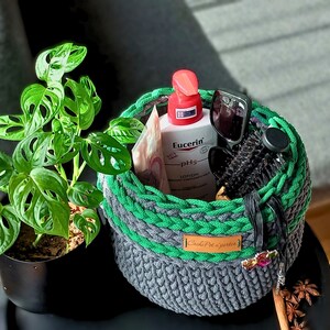Crochet Basket: Recycled Cotton Rope Plant Pot Cover - Charcoal & Emerald