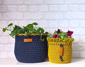 Crochet Basket Plant Pot Cover Set, Recycled Cotton Planter, Home Accent