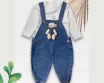 Baby und Kinder Mädchen Bär Jeans Set - Organic Denim Bär Jeans Set | Baby und Kinder Geschenk Person | Baby und Kinder Bär Spielzeug Jeans und Denim Set