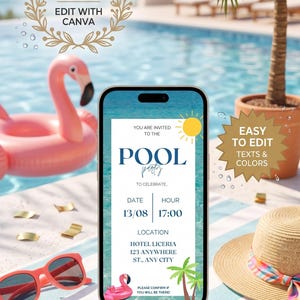 Può includere: Uno smartphone che mostra un invito digitale per una festa in piscina con il testo: YOU ARE INVITED TO THE POOL party TO CELEBRATE DATE 13/08 HOUR 17:00 LOCATION HOTEL LICERIA 123 ANYWHERE ST., ANY CITY PLEASE CONFIRM IF YOU WILL BE THERE!