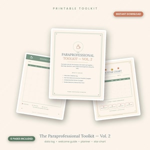 Può includere: Un kit di strumenti stampabile intitolato The Paraprofessional Toolkit - Vol. 2, che presenta tre pagine di documenti con sfondi color crema, accenti verdi e testo scuro. Le pagine includono un calendario mensile, una tabella delle stelle e un elenco.