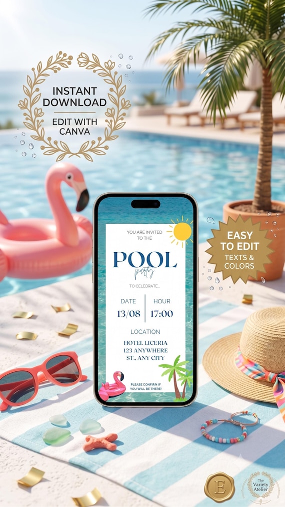Editable Pool Party Invitation, Summer Splash Birthday Electronic Invite, Digital Smartphone Kids Birthday Invitation Template Canva